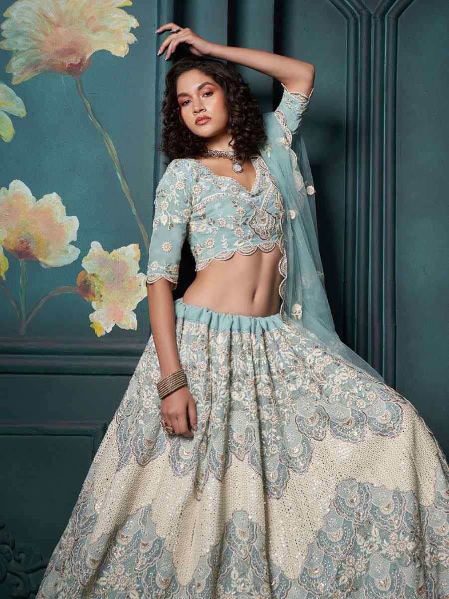 Sky Blue Georgette Embroidered Wedding Festival Heavy Border Lehenga Choli