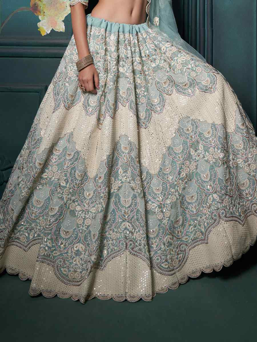 Sky Blue Georgette Embroidered Wedding Festival Heavy Border Lehenga Choli