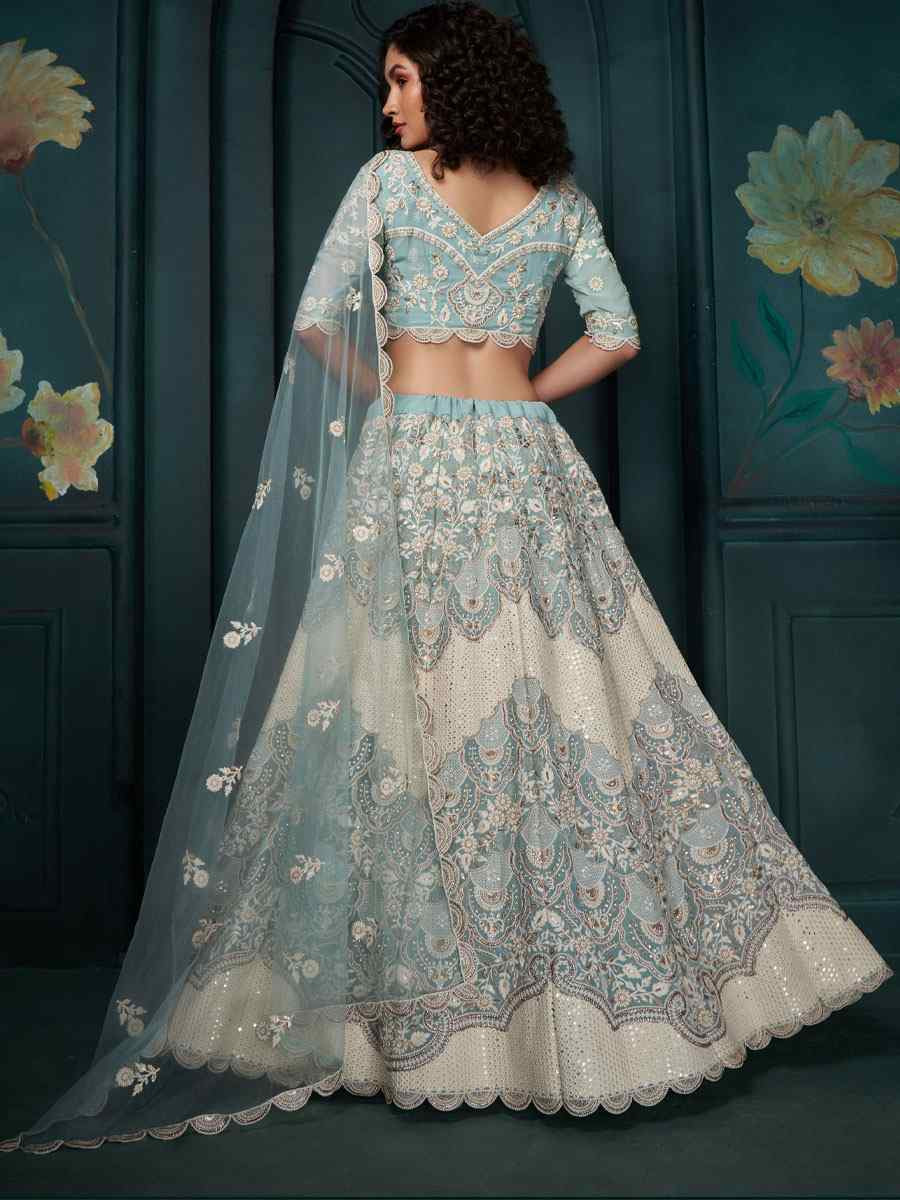 Sky Blue Georgette Embroidered Wedding Festival Heavy Border Lehenga Choli