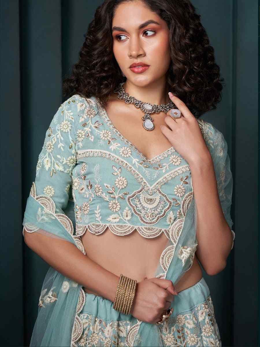 Sky Blue Georgette Embroidered Wedding Festival Heavy Border Lehenga Choli