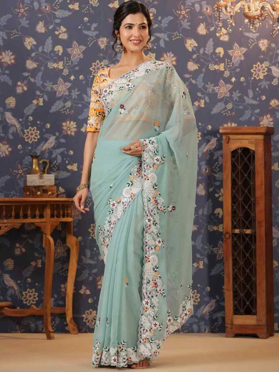 Sky Blue Georgette Embroidery Reception Wedding Heavy Border Saree