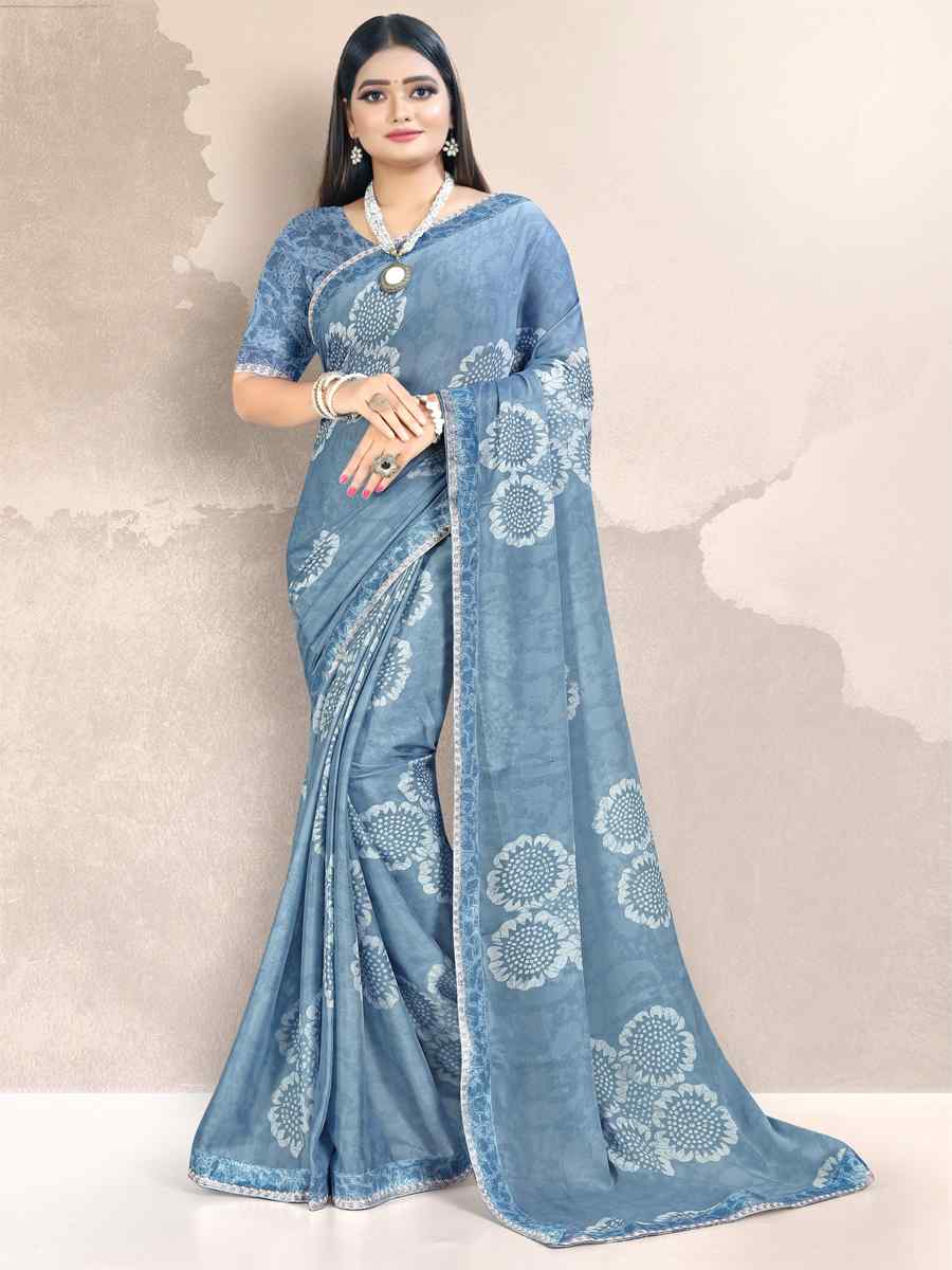 Sky Blue Georgette Printed Festival Casual Contemporary Saree