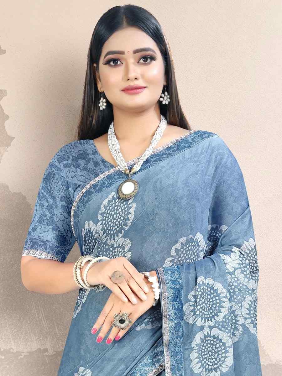 Sky Blue Georgette Printed Festival Casual Contemporary Saree