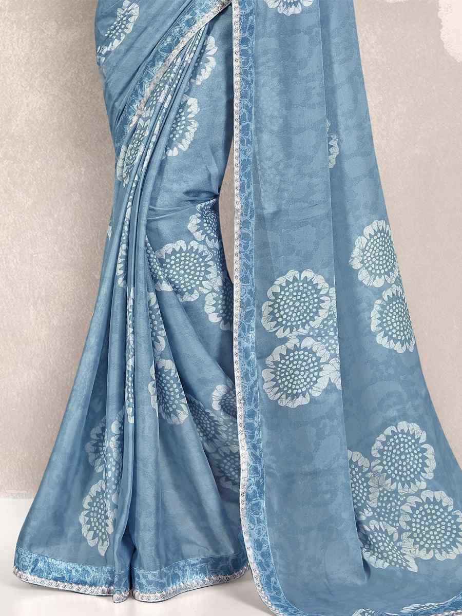 Sky Blue Georgette Printed Festival Casual Contemporary Saree