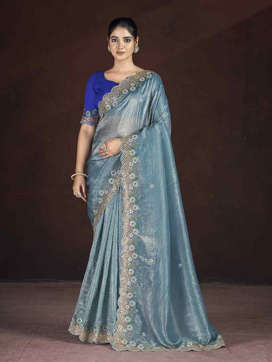 Sky Blue Gold Crunchy Embroidered Casual Festival Wedding Heavy Border Saree