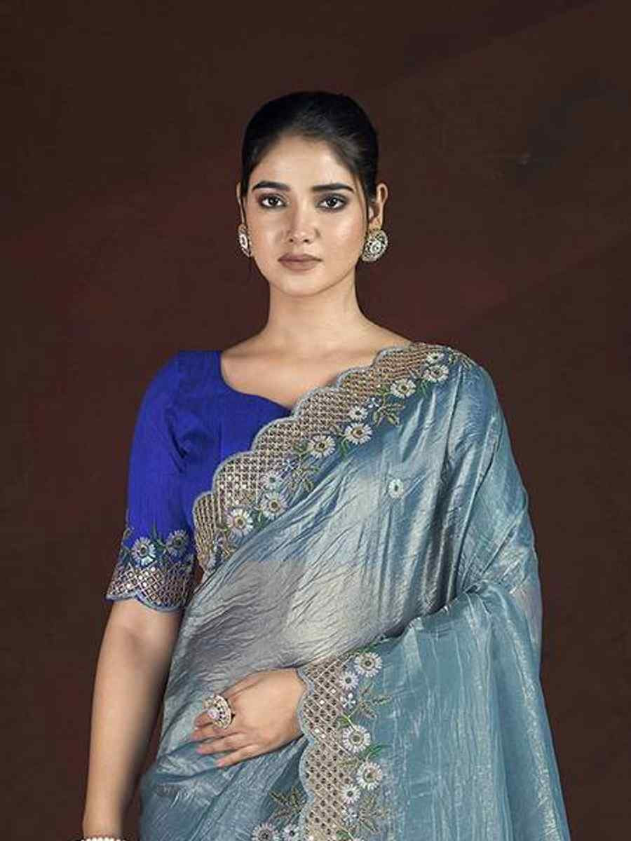 Sky Blue Gold Crunchy Embroidered Casual Festival Wedding Heavy Border Saree