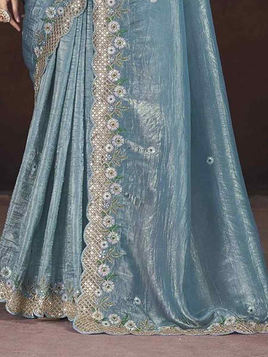 Sky Blue Gold Crunchy Embroidered Casual Festival Wedding Heavy Border Saree