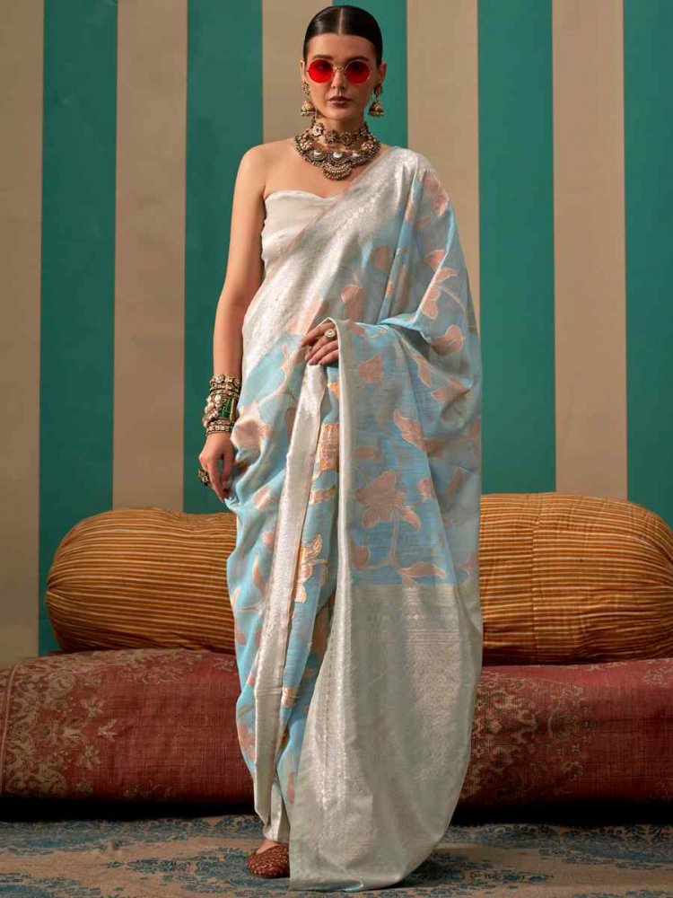 Sky Blue Handloom Linen Handwoven Festival Casual Heavy Border Saree