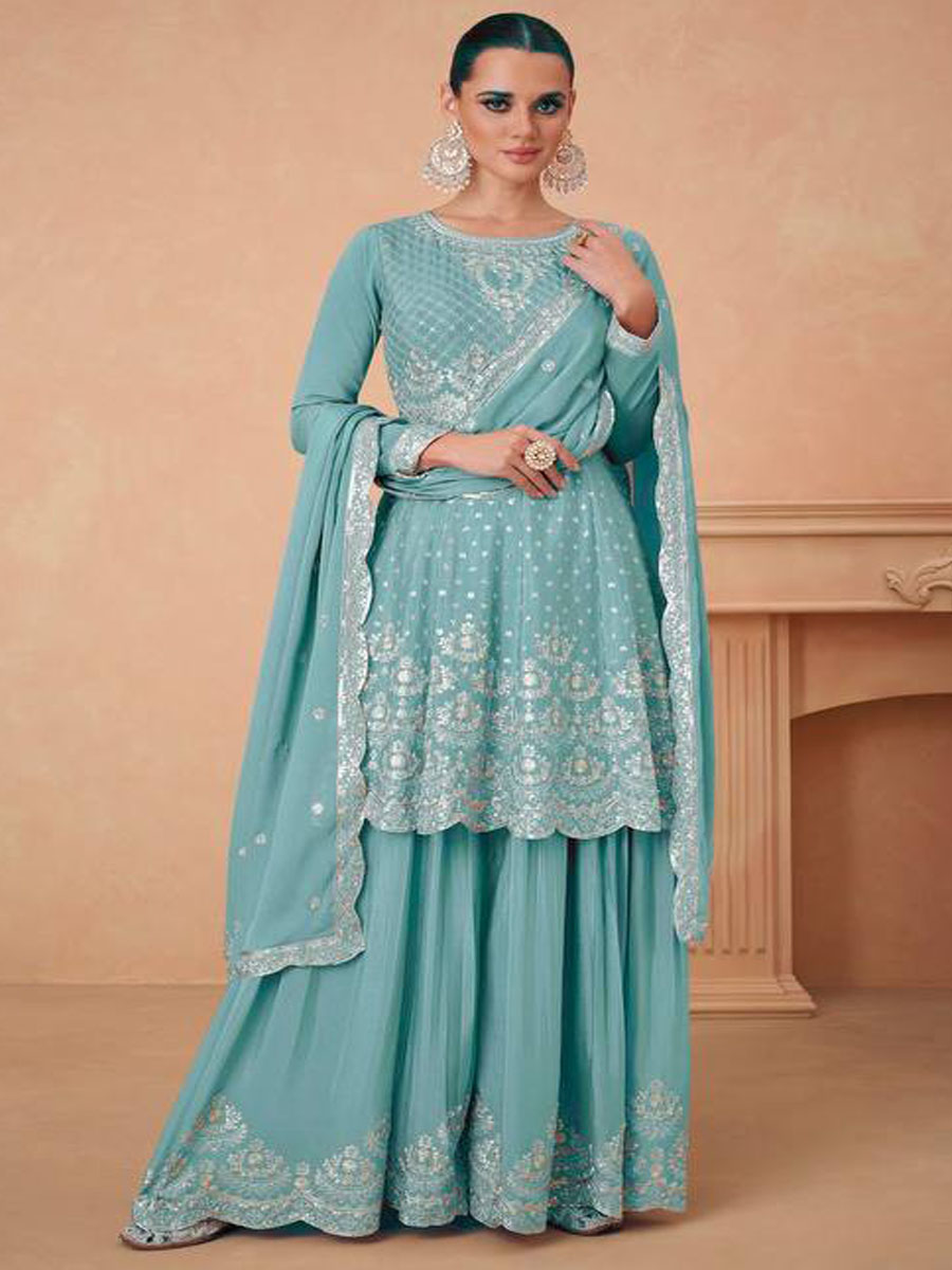 Sky Blue Heavy Chinon Embroidered Festival Wedding Ready Sharara Pant Salwar Kameez