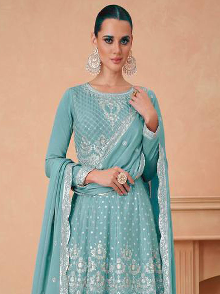 Sky Blue Heavy Chinon Embroidered Festival Wedding Ready Sharara Pant Salwar Kameez