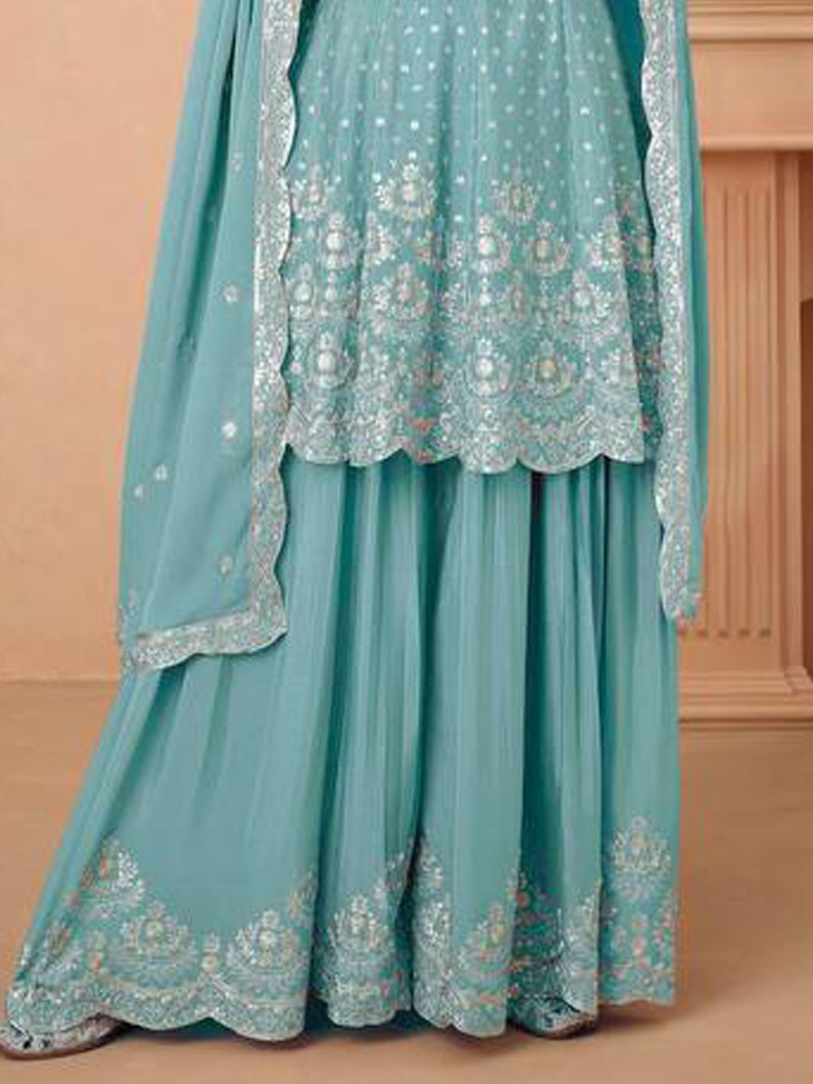 Sky Blue Heavy Chinon Embroidered Festival Wedding Ready Sharara Pant Salwar Kameez