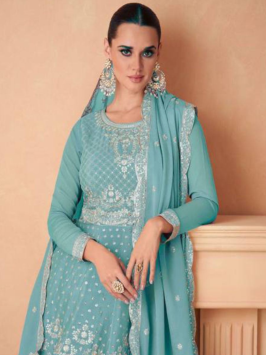 Sky Blue Heavy Chinon Embroidered Festival Wedding Ready Sharara Pant Salwar Kameez