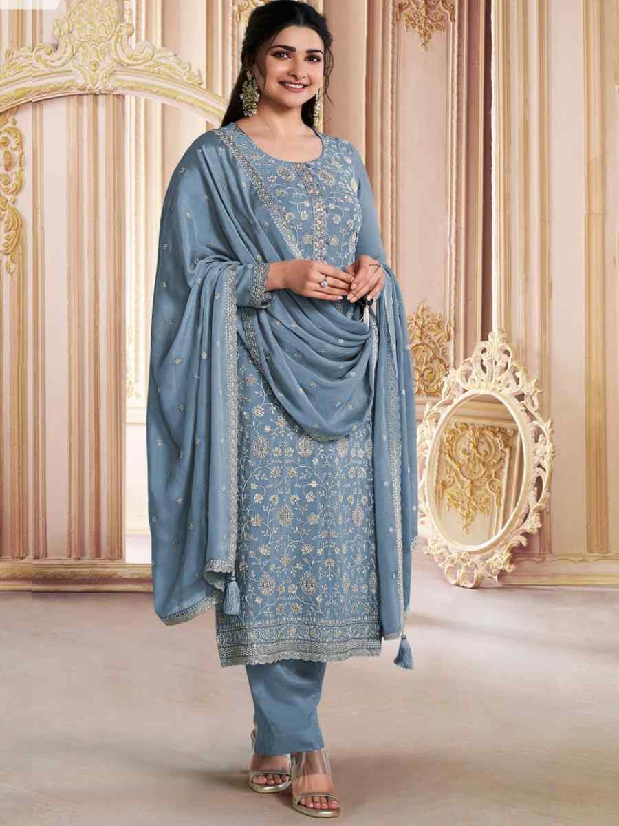 Sky Blue Heavy Chinon Silk Embroidered Festival Casual Pant Salwar Kameez