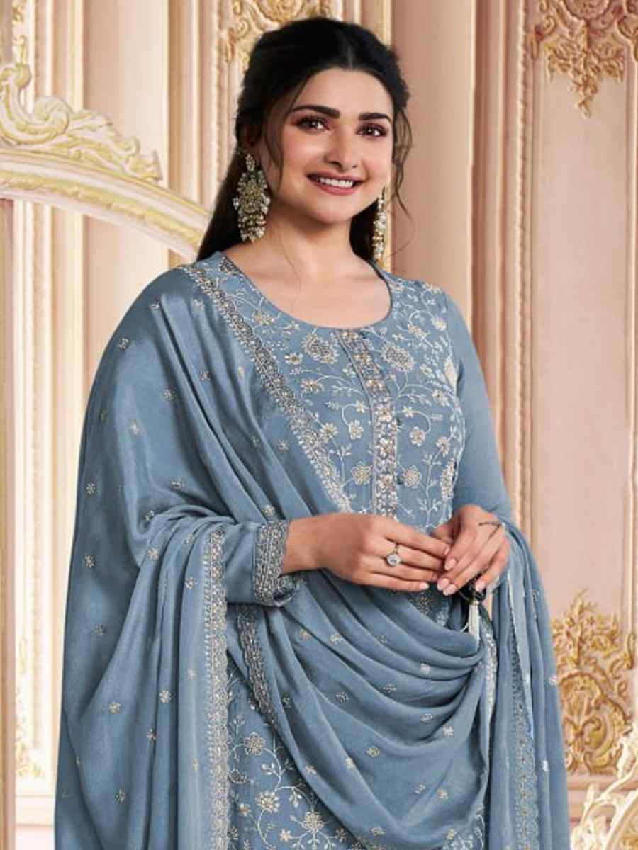 Sky Blue Heavy Chinon Silk Embroidered Festival Casual Pant Salwar Kameez