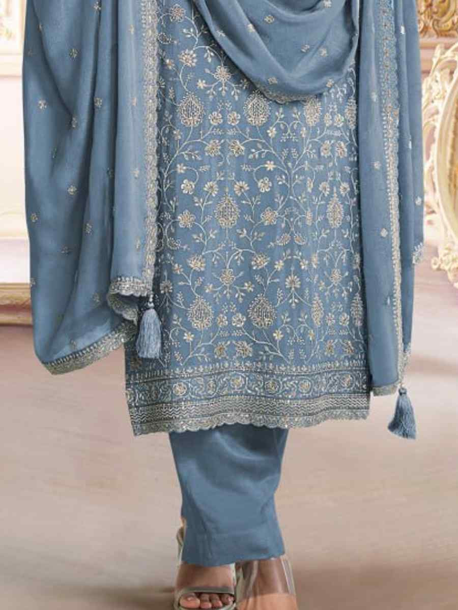 Sky Blue Heavy Chinon Silk Embroidered Festival Casual Pant Salwar Kameez