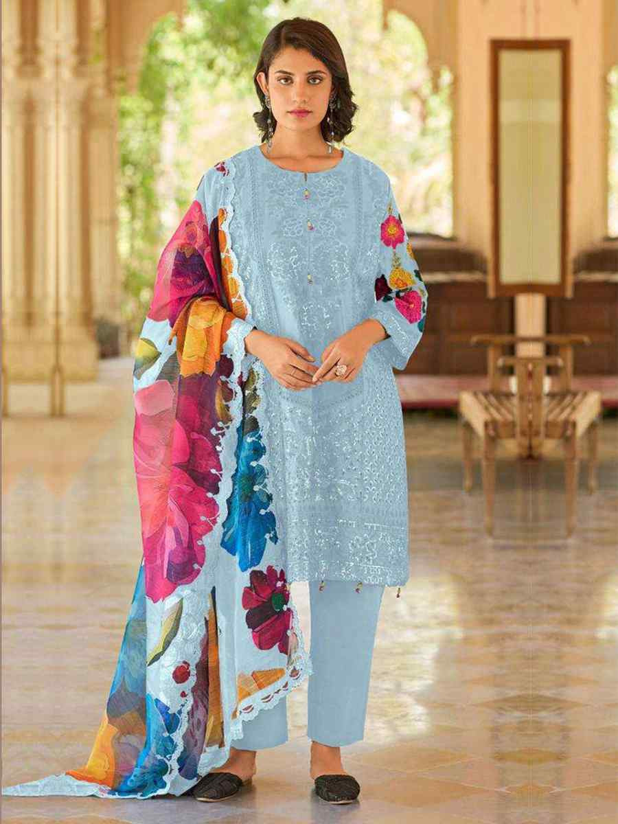 Sky Blue Heavy Cotton Embroidered Festival Casual Pant Ready Salwar Kameez