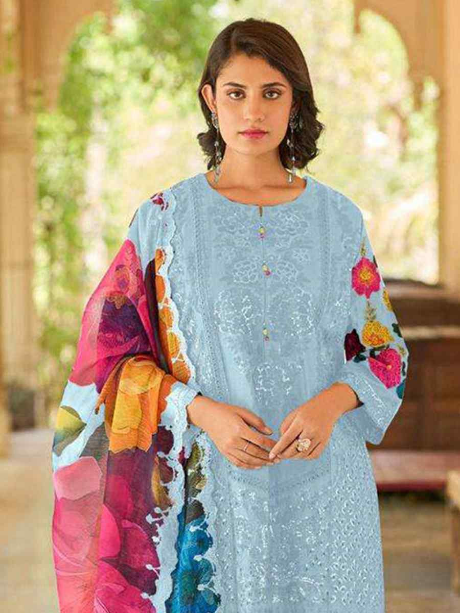 Sky Blue Heavy Cotton Embroidered Festival Casual Pant Ready Salwar Kameez