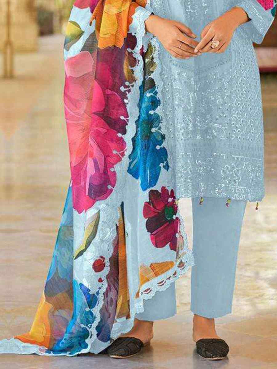 Sky Blue Heavy Cotton Embroidered Festival Casual Pant Ready Salwar Kameez