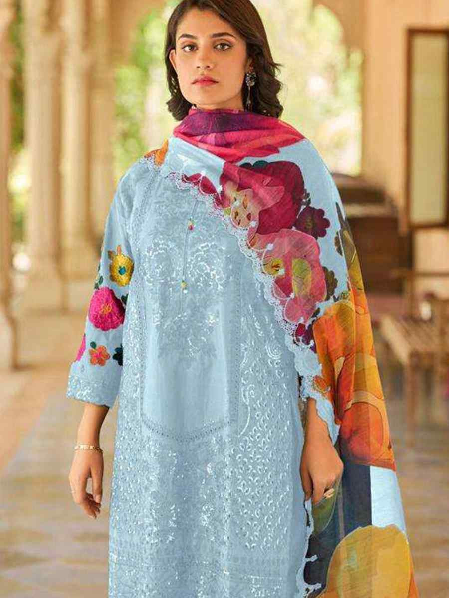 Sky Blue Heavy Cotton Embroidered Festival Casual Pant Ready Salwar Kameez