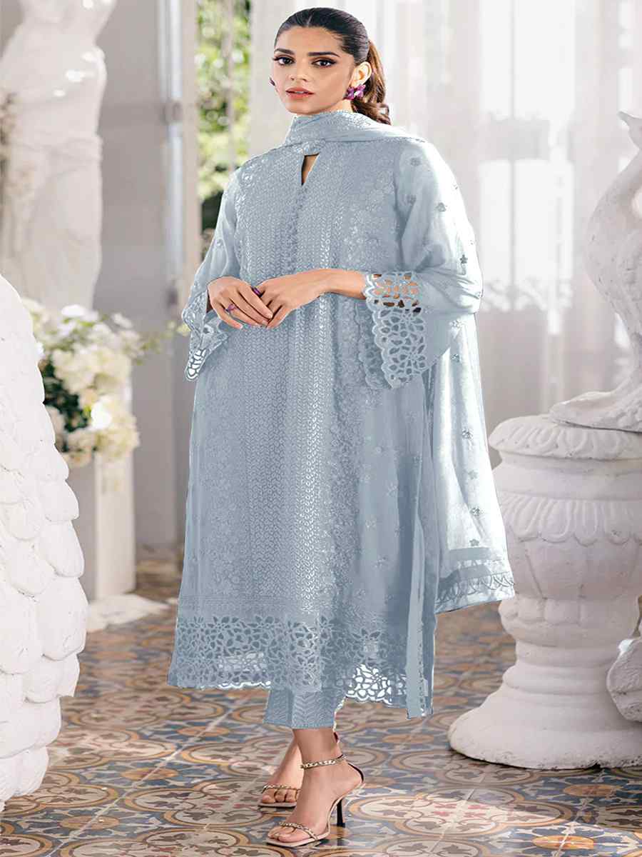 Sky Blue Heavy Faux Georgette Embroidered Festival Mehendi Pant Salwar Kameez