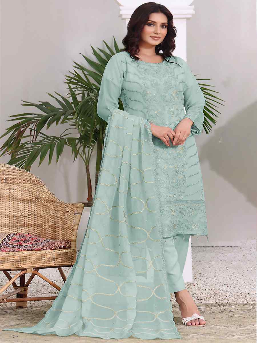 Sky Blue Heavy Faux Georgette Embroidered Festival Mehendi Pant Salwar Kameez