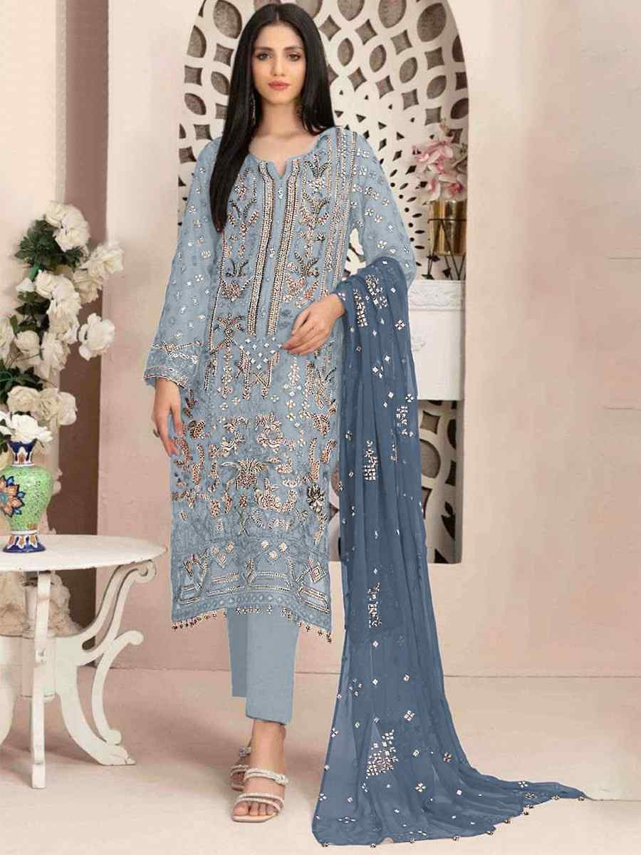 Sky Blue Heavy Faux Georgette Embroidered Festival Wedding Pant Salwar Kameez