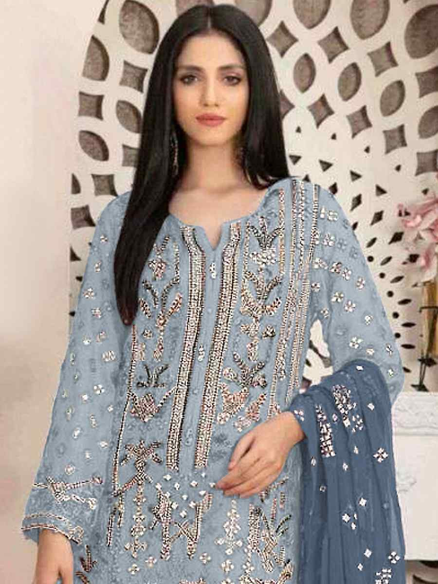 Sky Blue Heavy Faux Georgette Embroidered Festival Wedding Pant Salwar Kameez