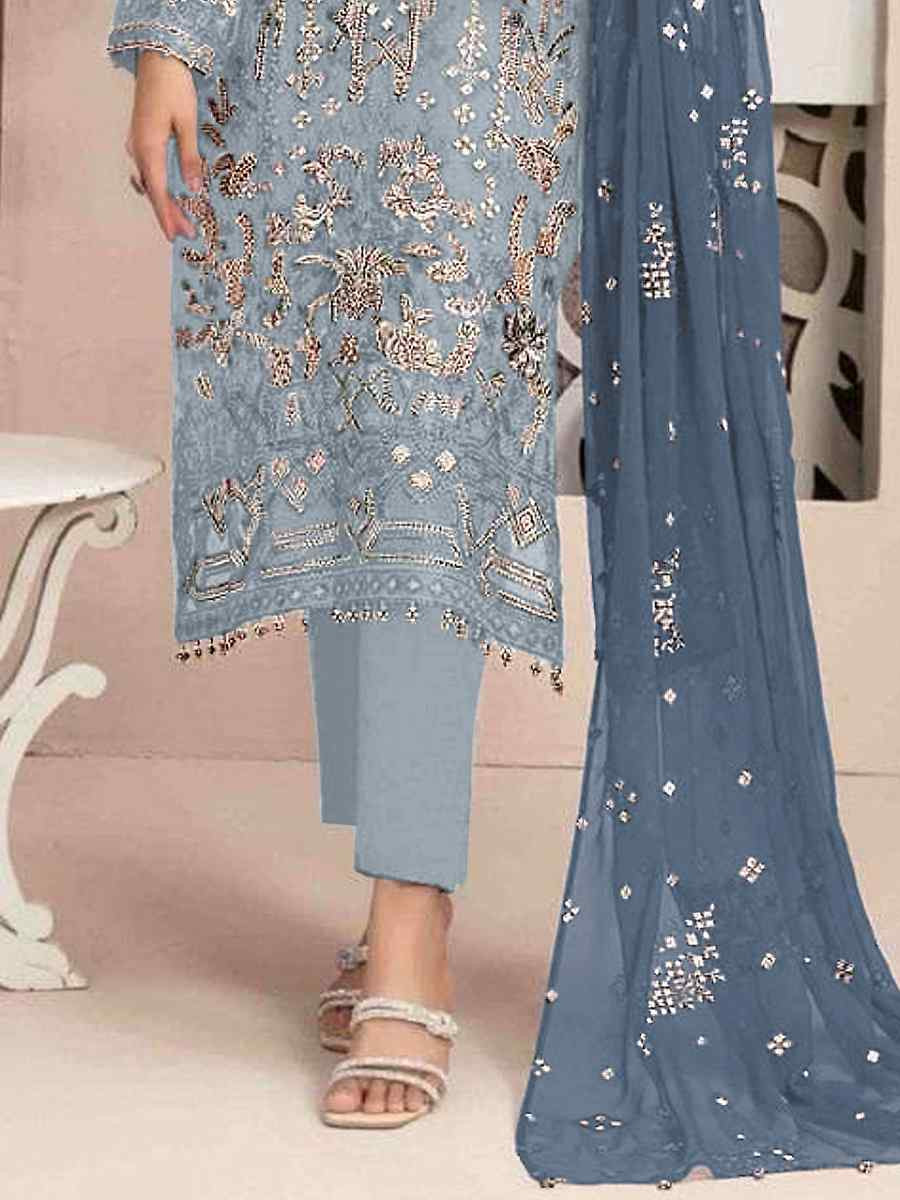 Sky Blue Heavy Faux Georgette Embroidered Festival Wedding Pant Salwar Kameez