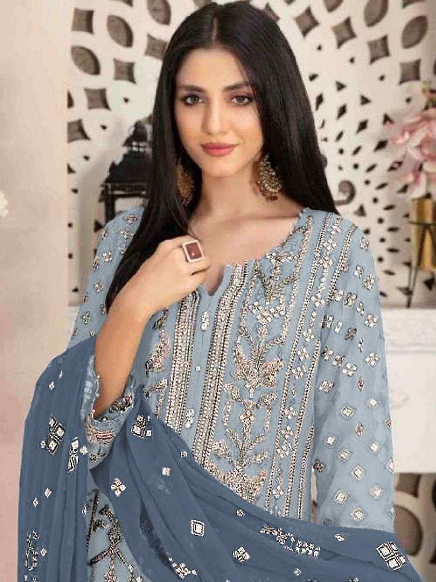 Sky Blue Heavy Faux Georgette Embroidered Festival Wedding Pant Salwar Kameez