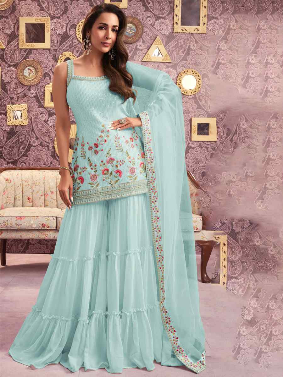 Sky Blue Heavy Faux Georgette Embroidered Festival Wedding Sharara Pant Salwar Kameez