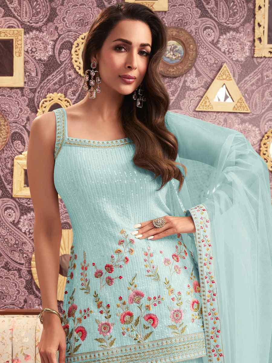 Sky Blue Heavy Faux Georgette Embroidered Festival Wedding Sharara Pant Salwar Kameez