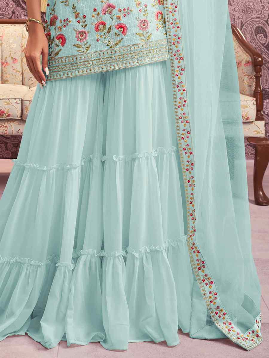 Sky Blue Heavy Faux Georgette Embroidered Festival Wedding Sharara Pant Salwar Kameez