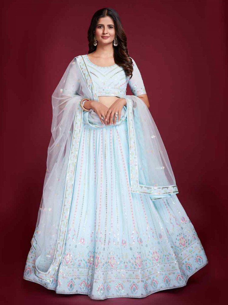 Sky Blue Heavy Georgette Embroidered Reception Party Wear Heavy Border Lehenga Choli