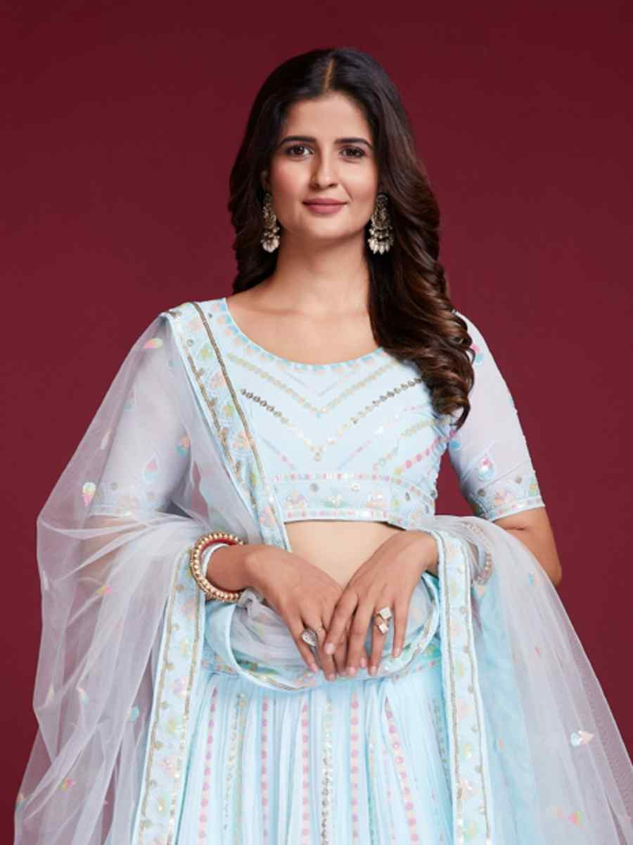 Sky Blue Heavy Georgette Embroidered Reception Party Wear Heavy Border Lehenga Choli