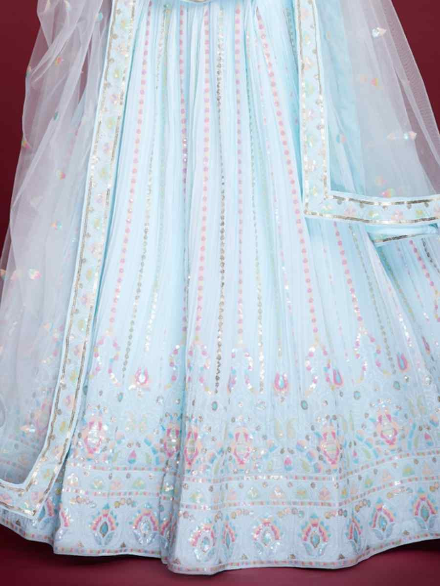 Sky Blue Heavy Georgette Embroidered Reception Party Wear Heavy Border Lehenga Choli