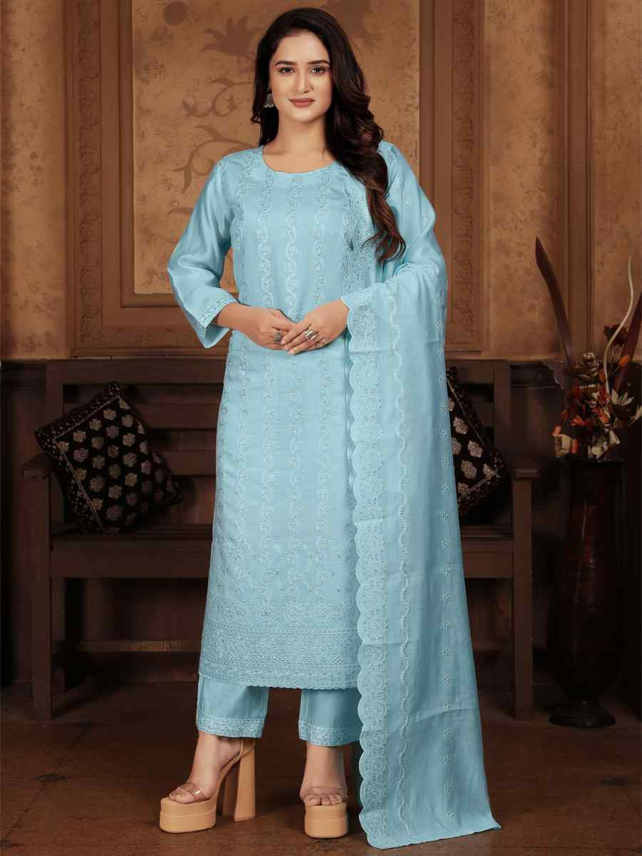 Sky Blue Heavy Peri Chanderi Embroidered Festival Casual Ready Pant Salwar Kameez