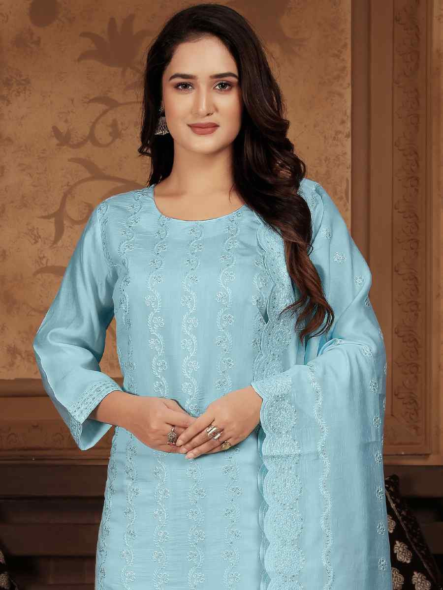 Sky Blue Heavy Peri Chanderi Embroidered Festival Casual Ready Pant Salwar Kameez