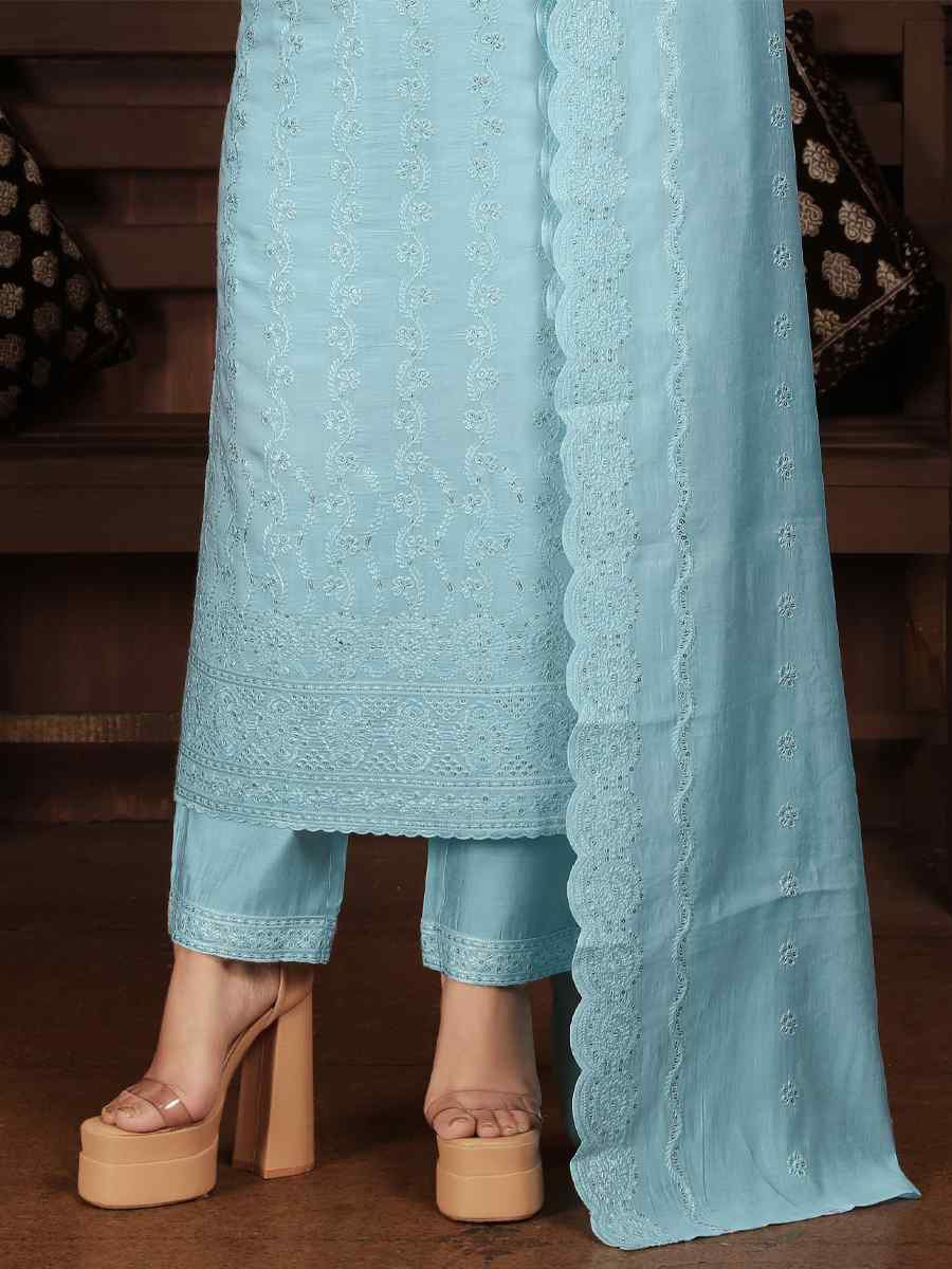 Sky Blue Heavy Peri Chanderi Embroidered Festival Casual Ready Pant Salwar Kameez