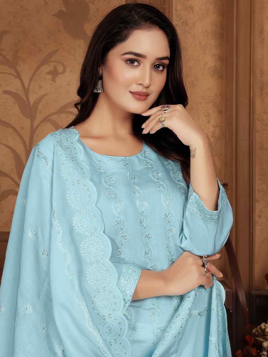 Sky Blue Heavy Peri Chanderi Embroidered Festival Casual Ready Pant Salwar Kameez