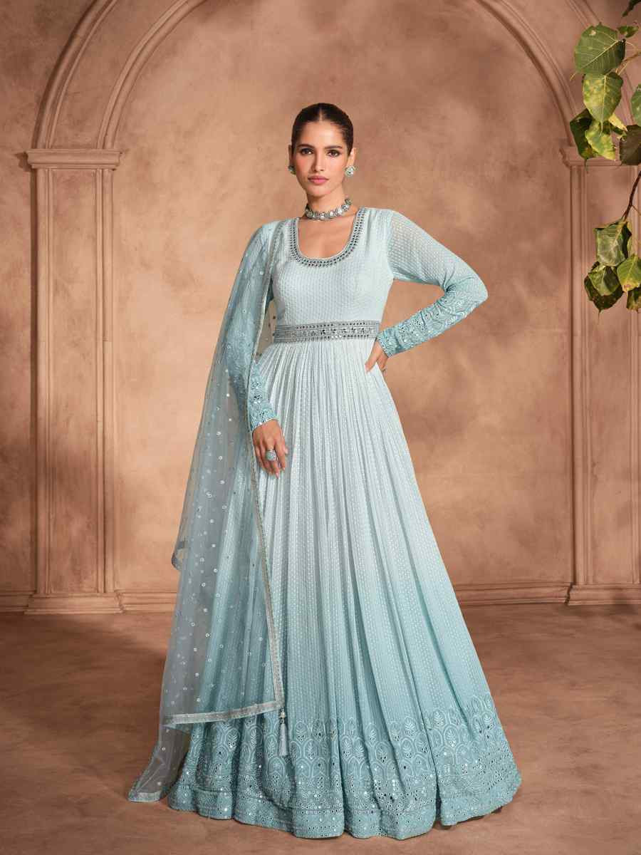 Sky Blue Heavy Real Georgette  Embroidered Festival Casual Gown