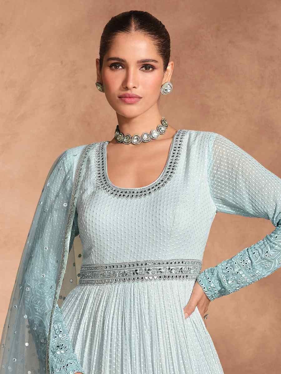 Sky Blue Heavy Real Georgette  Embroidered Festival Casual Gown