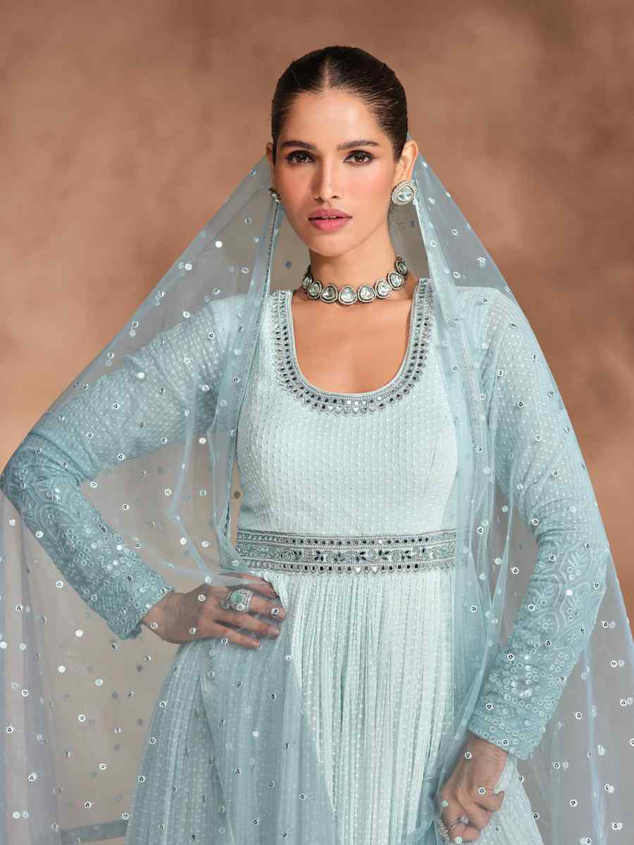 Sky Blue Heavy Real Georgette  Embroidered Festival Casual Gown