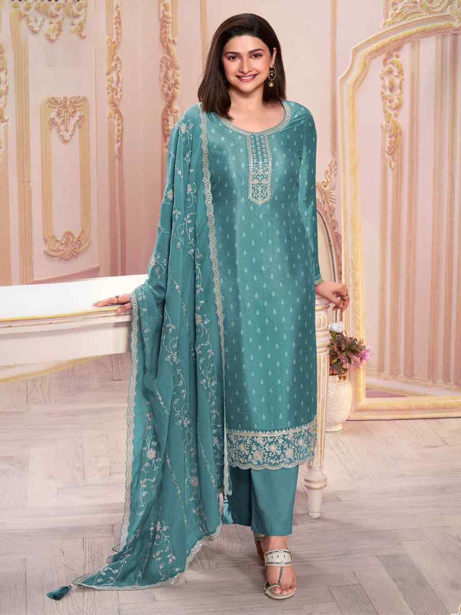 Sky Blue Heavy Silk Embroidered Festival Mehendi Pant Salwar Kameez