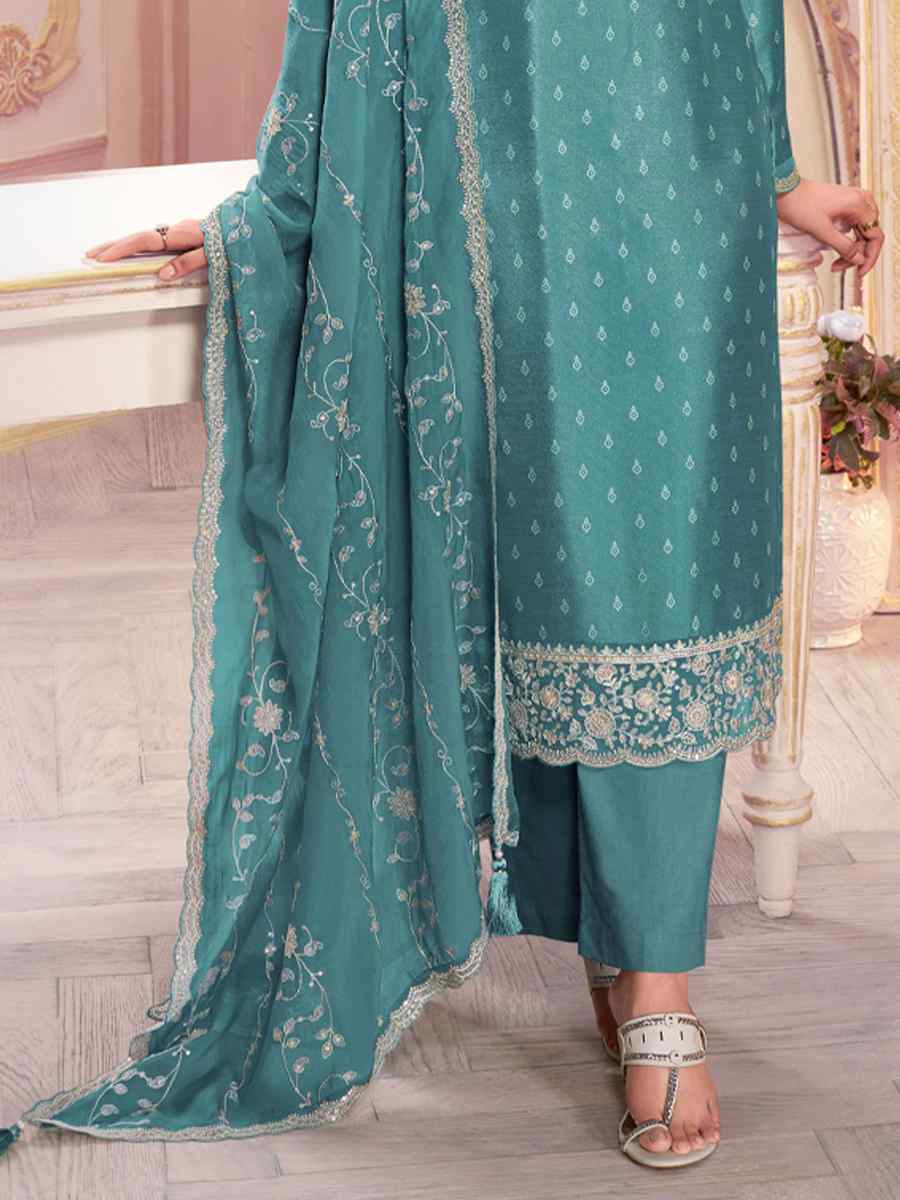 Sky Blue Heavy Silk Embroidered Festival Mehendi Pant Salwar Kameez