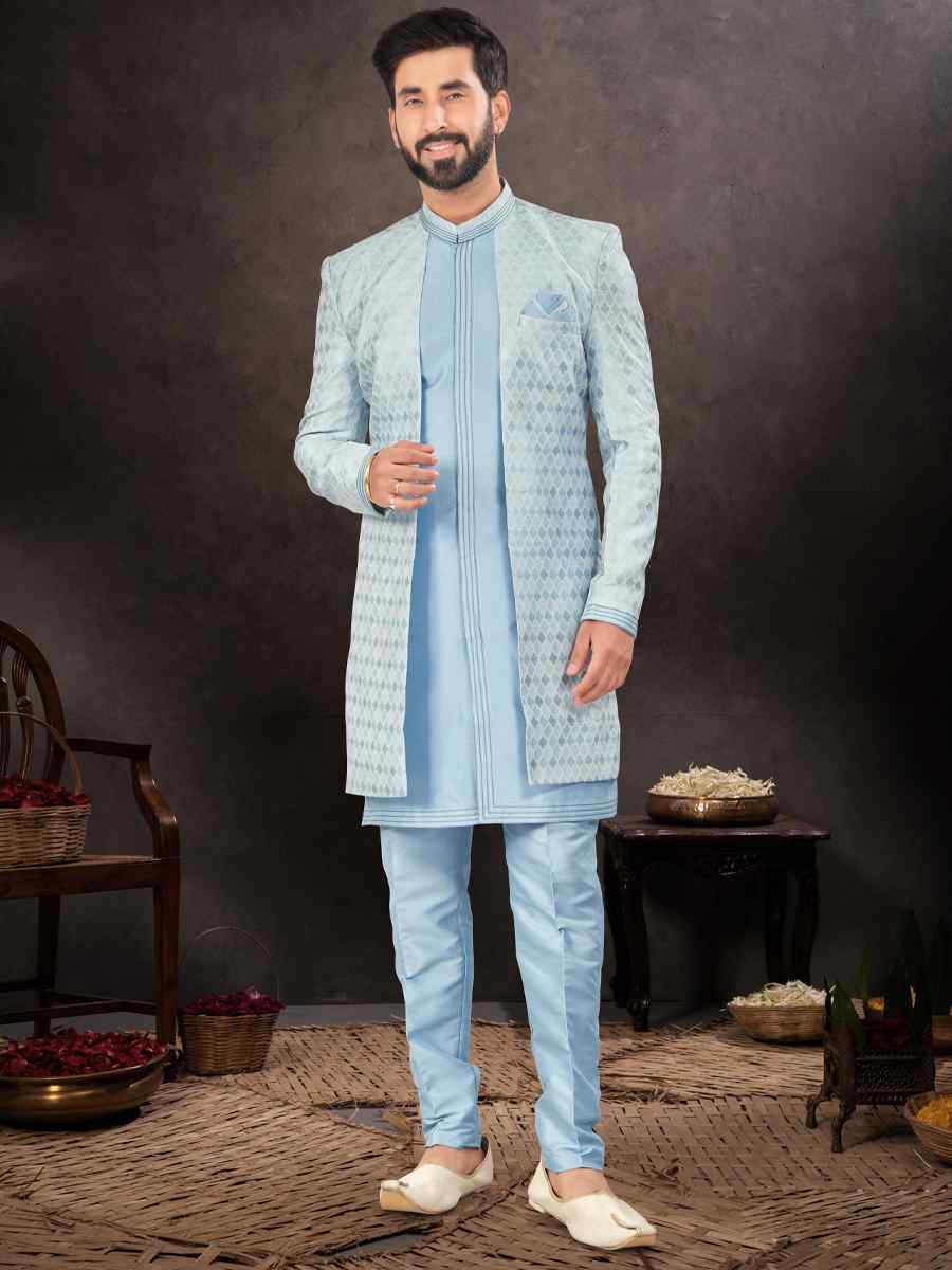 Sky Blue Jacquard Embroidered Festival Wedding Kurta