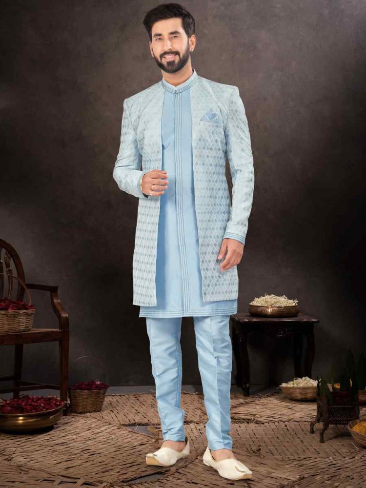 Sky Blue Jacquard Embroidered Festival Wedding Kurta