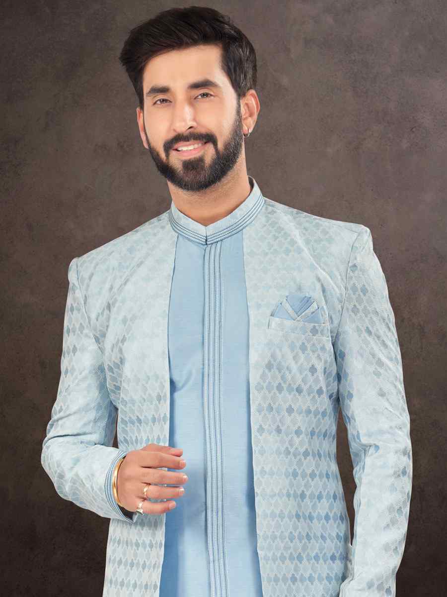 Sky Blue Jacquard Embroidered Festival Wedding Kurta