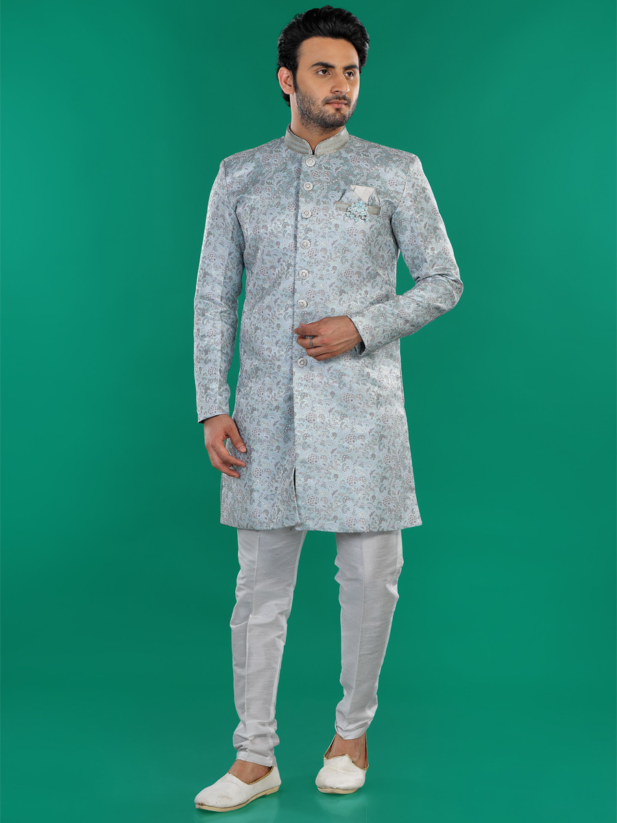 Sky Blue Jacquard Silk Brocade Embroidered Party Wedding Kurta