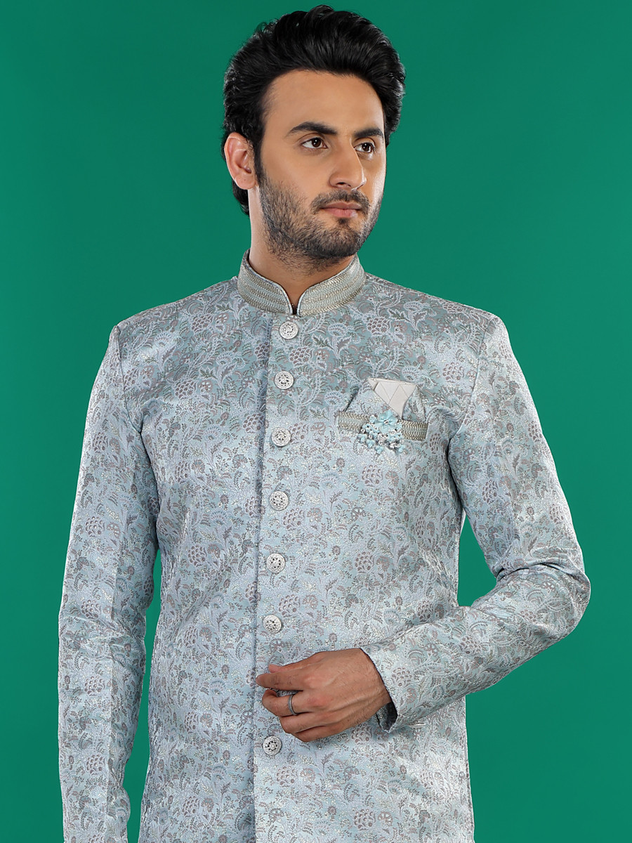 Sky Blue Jacquard Silk Brocade Embroidered Party Wedding Kurta