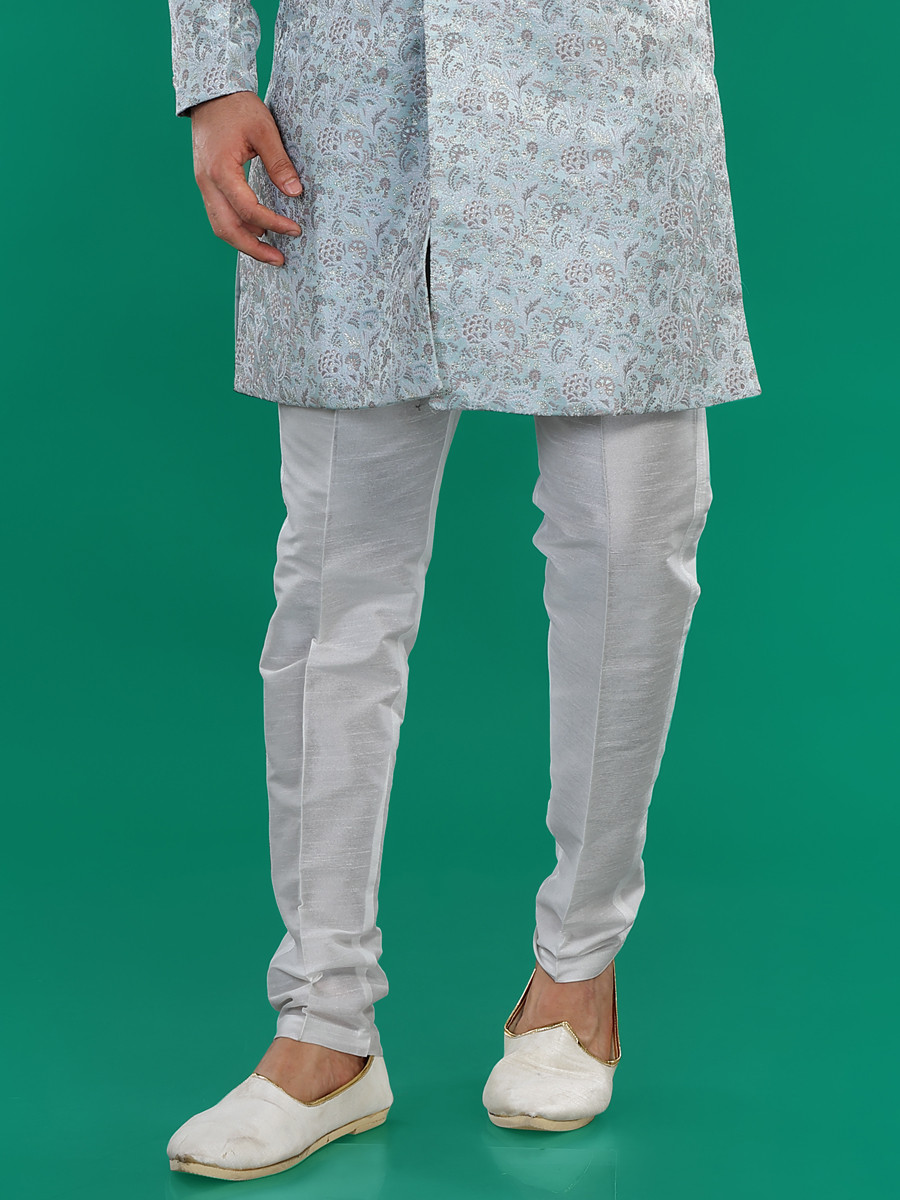 Sky Blue Jacquard Silk Brocade Embroidered Party Wedding Kurta